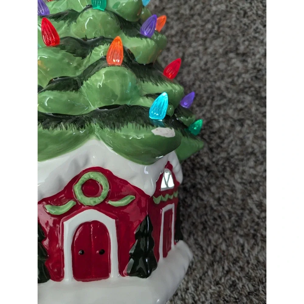 Ceramic Green Christmas Tree On House With LED Lighting Holiday Art Decor 18